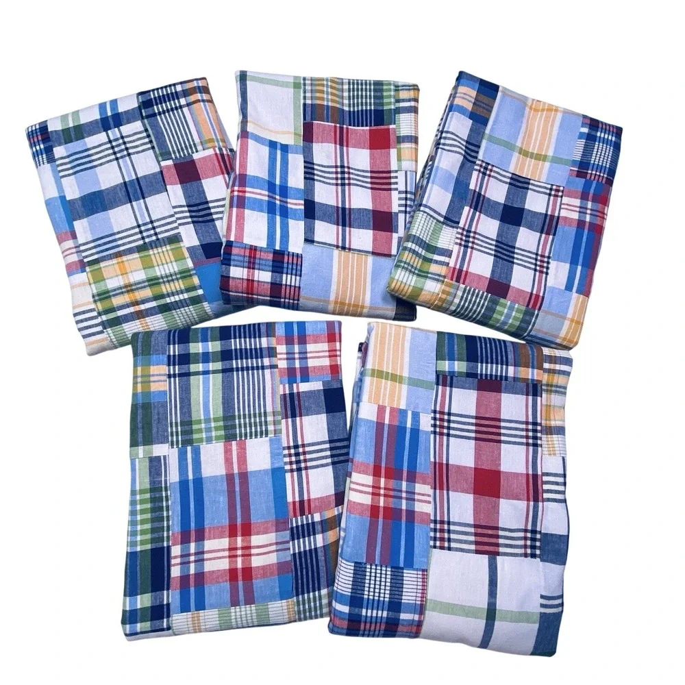 5 Panels Pottery Barn Kids Madras Plaid Patchwork Blackout Curtain Panels 44x63